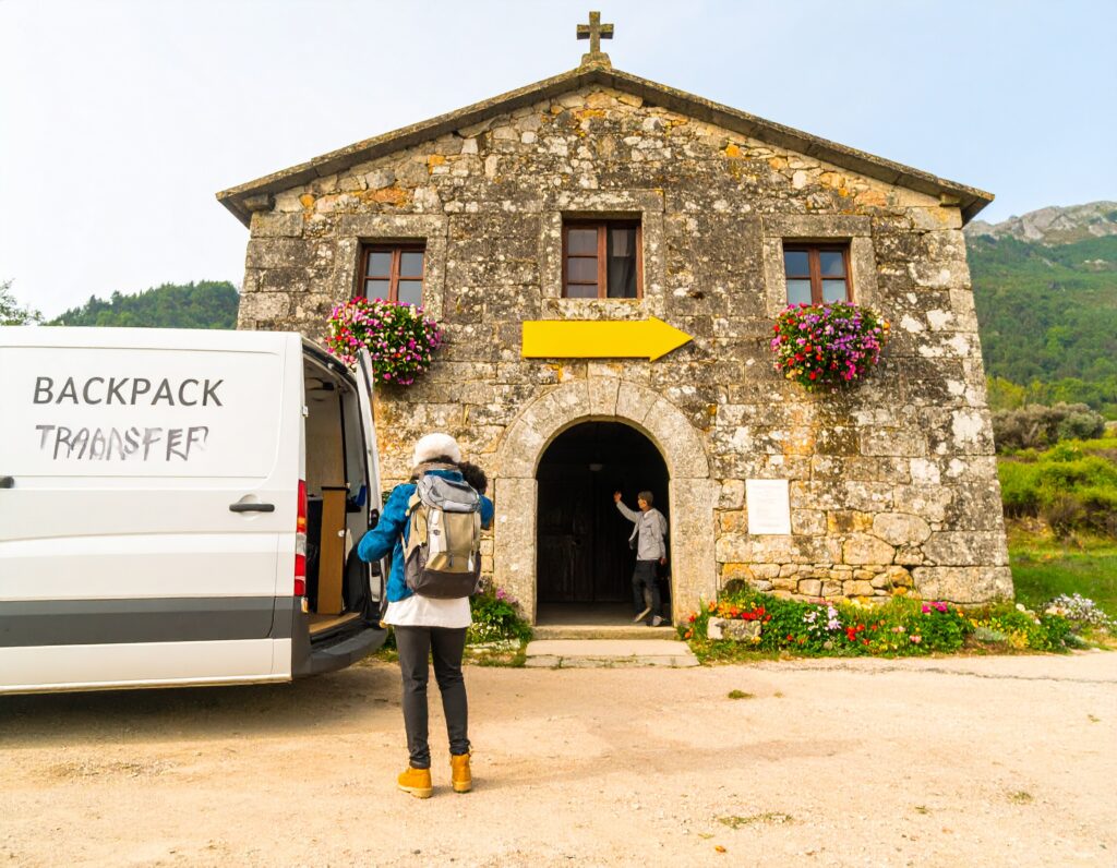 A friendly staff member collecting backpacks from a pilgrim hostel on the Portuguese Camino as part of a luggage transfer service