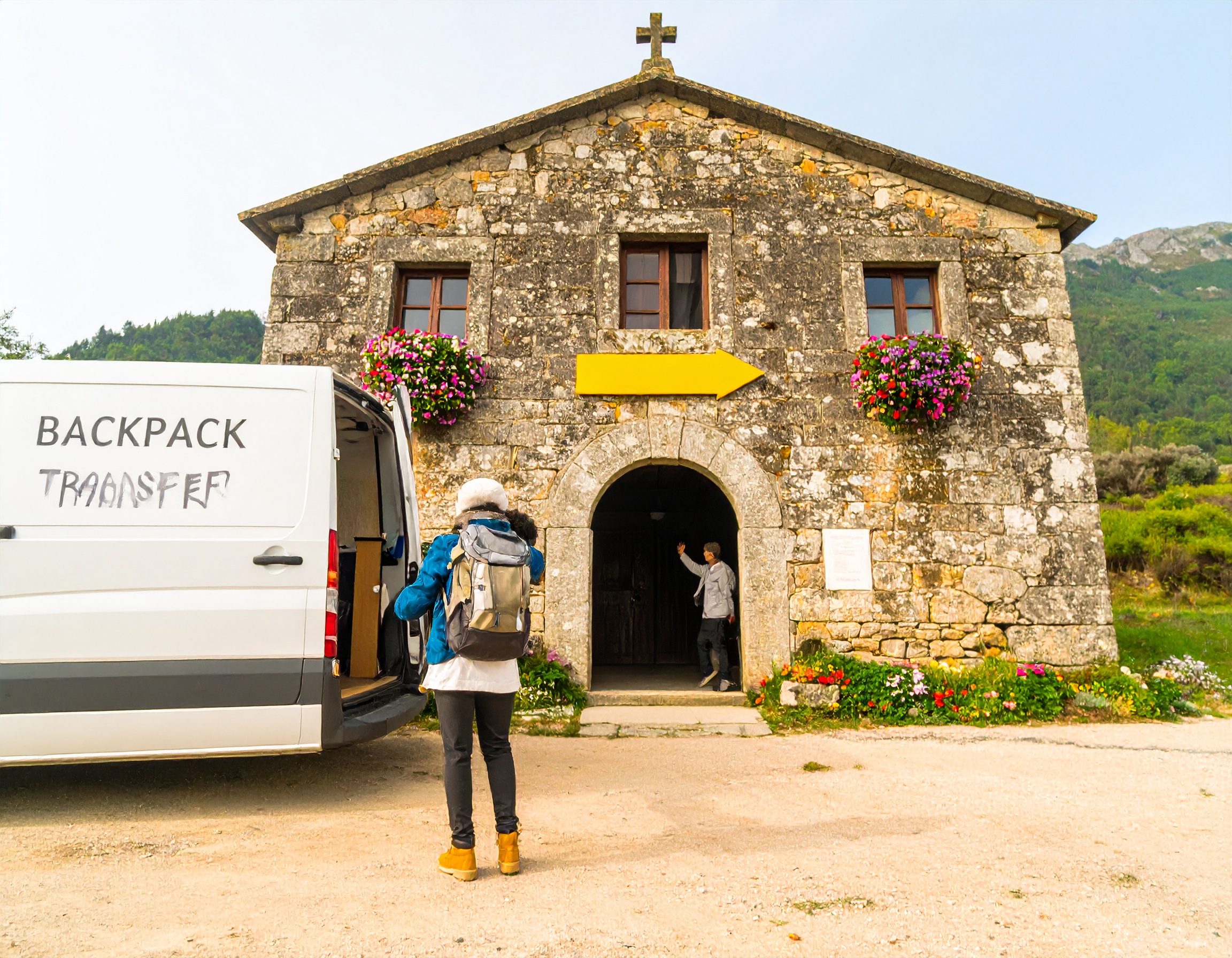 A friendly staff member collecting backpacks from a pilgrim hostel on the Portuguese Camino as part of a luggage transfer service